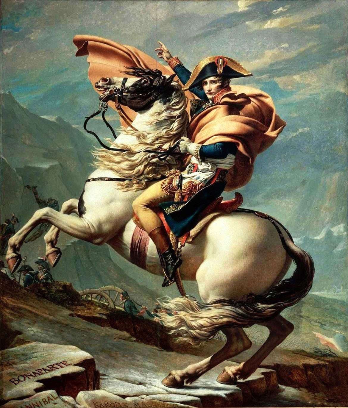 French:  Bonaparte franchissant les Alpes au Grand-Saint-Bernard Napoleon Crossing the Alpstitle QS:P1476,fr:"Bonaparte franchissant les Alpes au Grand-Saint-Bernard "label QS:Lfr,"Bonaparte franchissant les Alpes au Grand-Saint-Bernard "label QS:Les,"Napoleón cruzando los Alpes"label QS:Lde,"Bonaparte beim Überschreiten der Alpen am Großen Sankt Bernhard"label QS:Len,"Napoleon Crossing the Alps"label QS:Lit,"Napoleone attraversa il passo del Gran San Bernardo"label QS:Lnl,"Napoleon Bonaparte steekt de Alpen over op de Grand Saint Bernard" — Equestrian Portrait