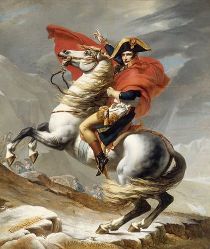 French:  Bonaparte franchissant le mont Saint-Bernard, 20 mai 1800 Napoleon Crossing the Alpstitle QS:P1476,fr:"Bonaparte franchissant le mont Saint-Bernard, 20 mai 1800 "label QS:Lfr,"Bonaparte franchissant le mont Saint-Bernard, 20 mai 1800 "label QS:Lit,"Napoleone attraversa il passo del Gran San Bernardo"label QS:Lnl,"Napoleon Bonaparte steekt de Alpen over op de Grand Saint Bernard"label QS:Lmk,"Наполеон ги преминува Алпите"label QS:Les,"Napoleón cruzando los Alpes"label QS:Leu,"Napoleon Alpeak zeharkatzen"label QS:Lde,"Bonaparte beim Überschreiten der Alpen am Großen Sankt Bernhard"label QS:Lla,"Napoleo Alpes transcendit"label QS:Lvi,"Đệ nhất tổng tài vượt dãy Anpơ trên đèo Grand-Saint-Bernard"label QS:Lpt,"Napoleão cruzando os Alpes"label QS:Len,"Napoleon Crossing the Alps"label QS:Lfa,"ناپلئون در حال عبور از آلپ"label QS:Lru,"Наполеон на перевале Сен-Бернар" — Equestrian Portrait