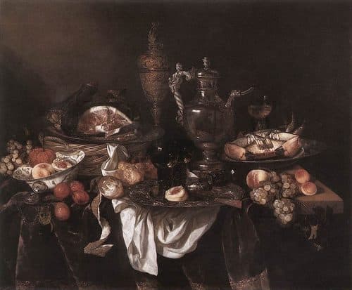 Banquet Still Life title QS:P1476,en:"Banquet Still Life "label QS:Len,"Banquet Still Life "label QS:Lja,"豪華な食卓 (ベイエレンの絵画)"label QS:Lde,"Bankett Stilleben mit Selbstporträt des Malers im Silberhumpen"label QS:Lnl,"Pronkstilleven" — Food in Art