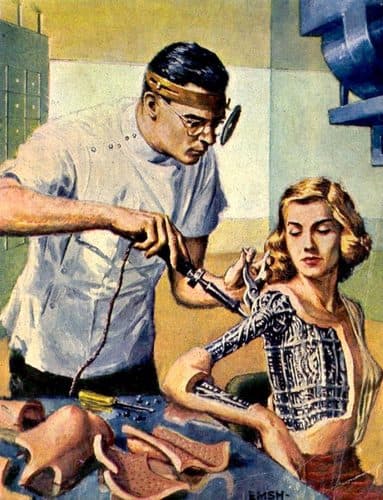 Robots Repaired While U Wait (Galaxy September 1954) — Sci-Fi Art