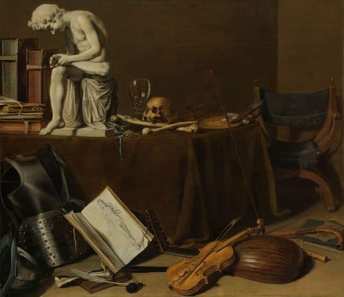 Vanitas Still Life with the Spinario label QS:Lnl,"Vanitas still even met de Doornuittrekker"label QS:Len,"Vanitas Still Life with the Spinario" — Vanitas
